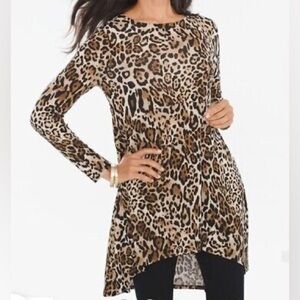 Chico's Brown Animal Print Button Back Long Tunic Top P1, Large Long Sleeve